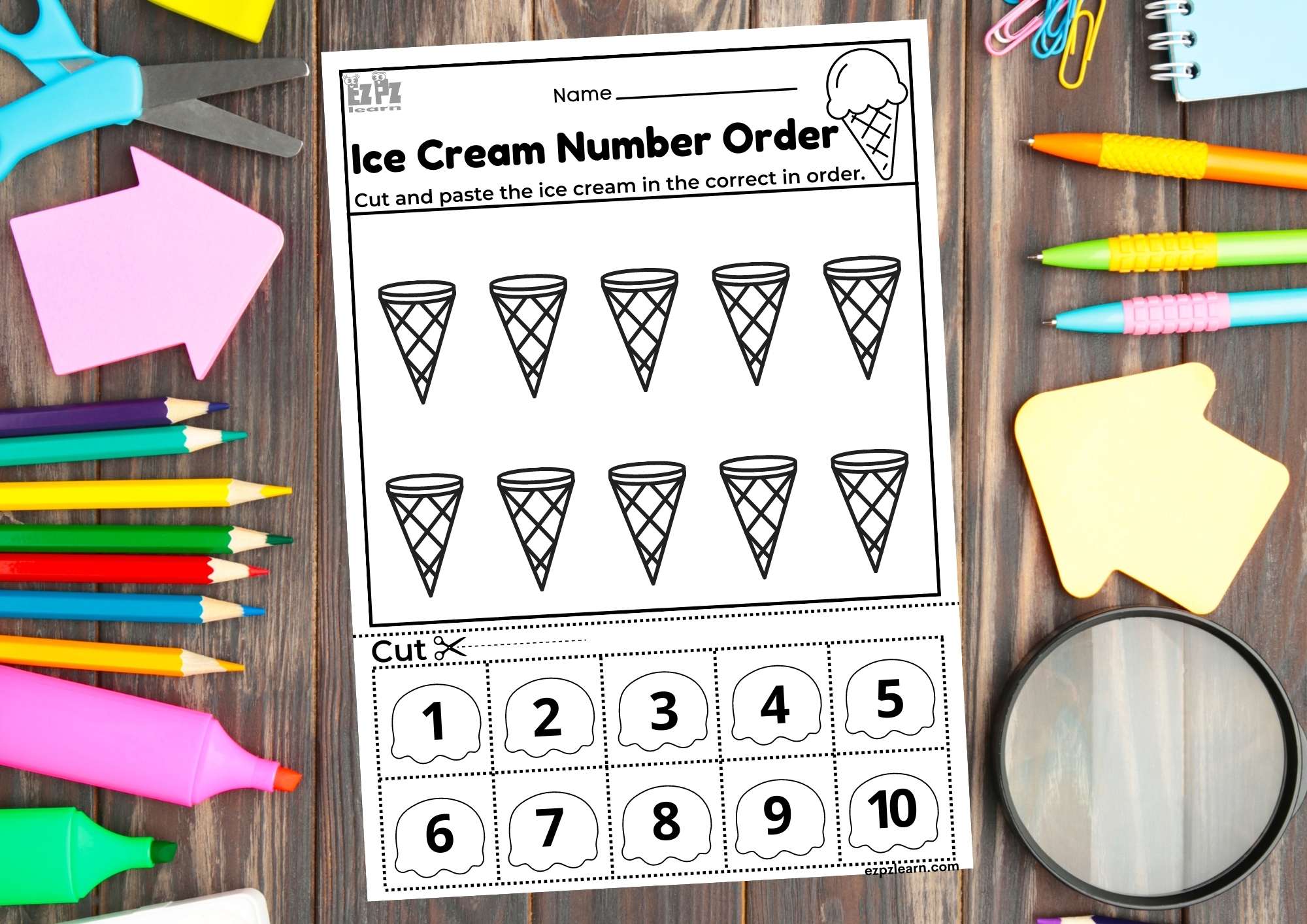 Ice Cream Counting One to Ten Cut and Paste